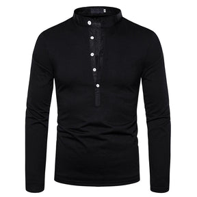 Camisa Masculina Casual de Manga Comprida Gola Redonda Com Botões