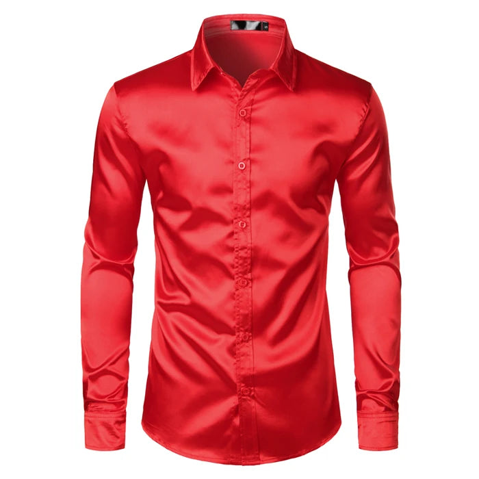 Camisa Social Masculina De Cetim Moda Casual De Luxo