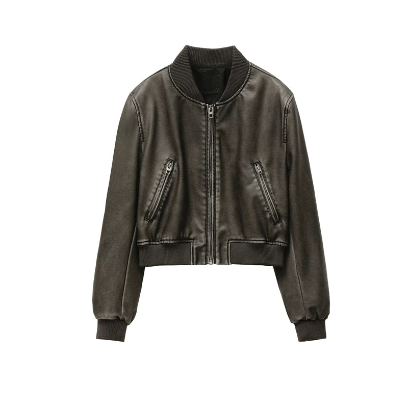 Jaqueta Feminina Bomber de Couro Com Bolsos - REF099