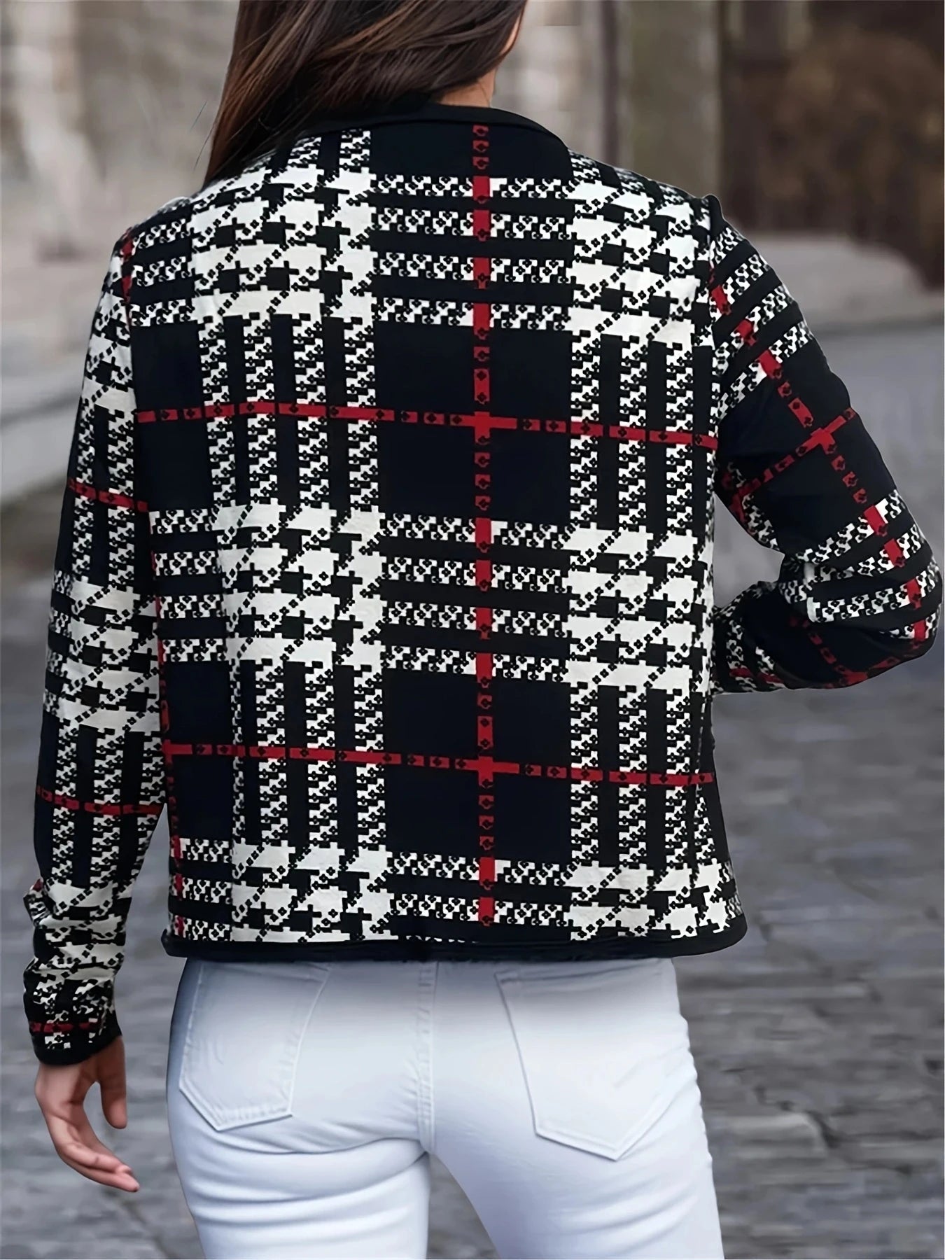 Jaqueta Estampada Houndstooth para Mulheres - Casaco Casual de Malha com Manga Longa