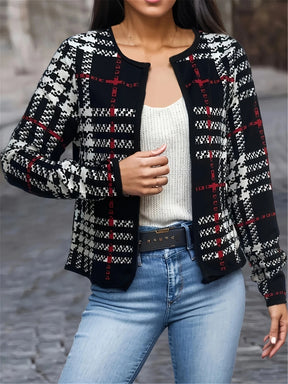 Jaqueta Estampada Houndstooth para Mulheres - Casaco Casual de Malha com Manga Longa