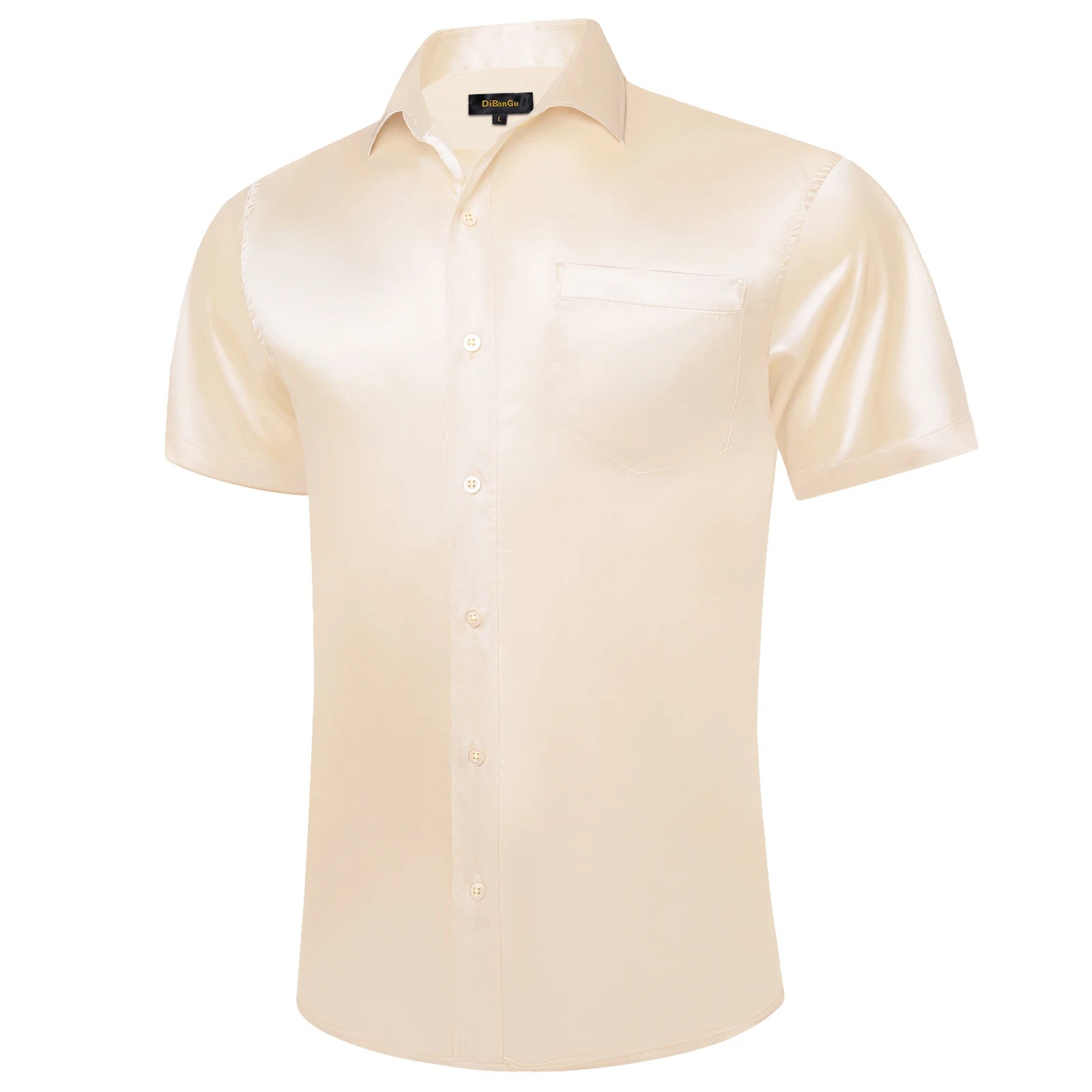 Camisa Masculina de Cetim Sólido Manga Curta Gola Polo Com Botões