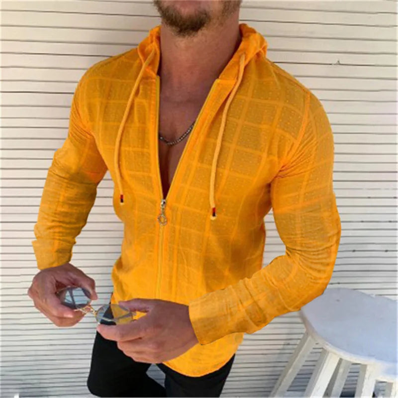 Camisa Social Masculina com Capuz Ajustável Estampa Quadriculada Monocromática