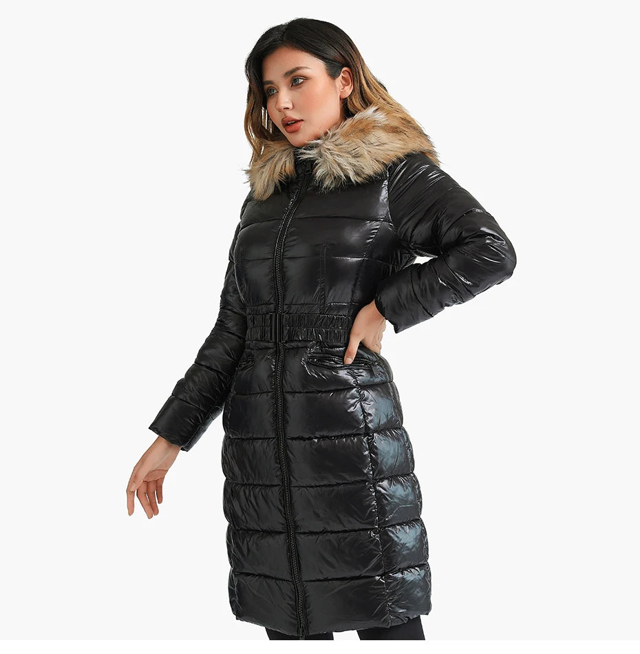 Casaco Feminino Puffer Acinturado Com Capuz Felpudo - REF102