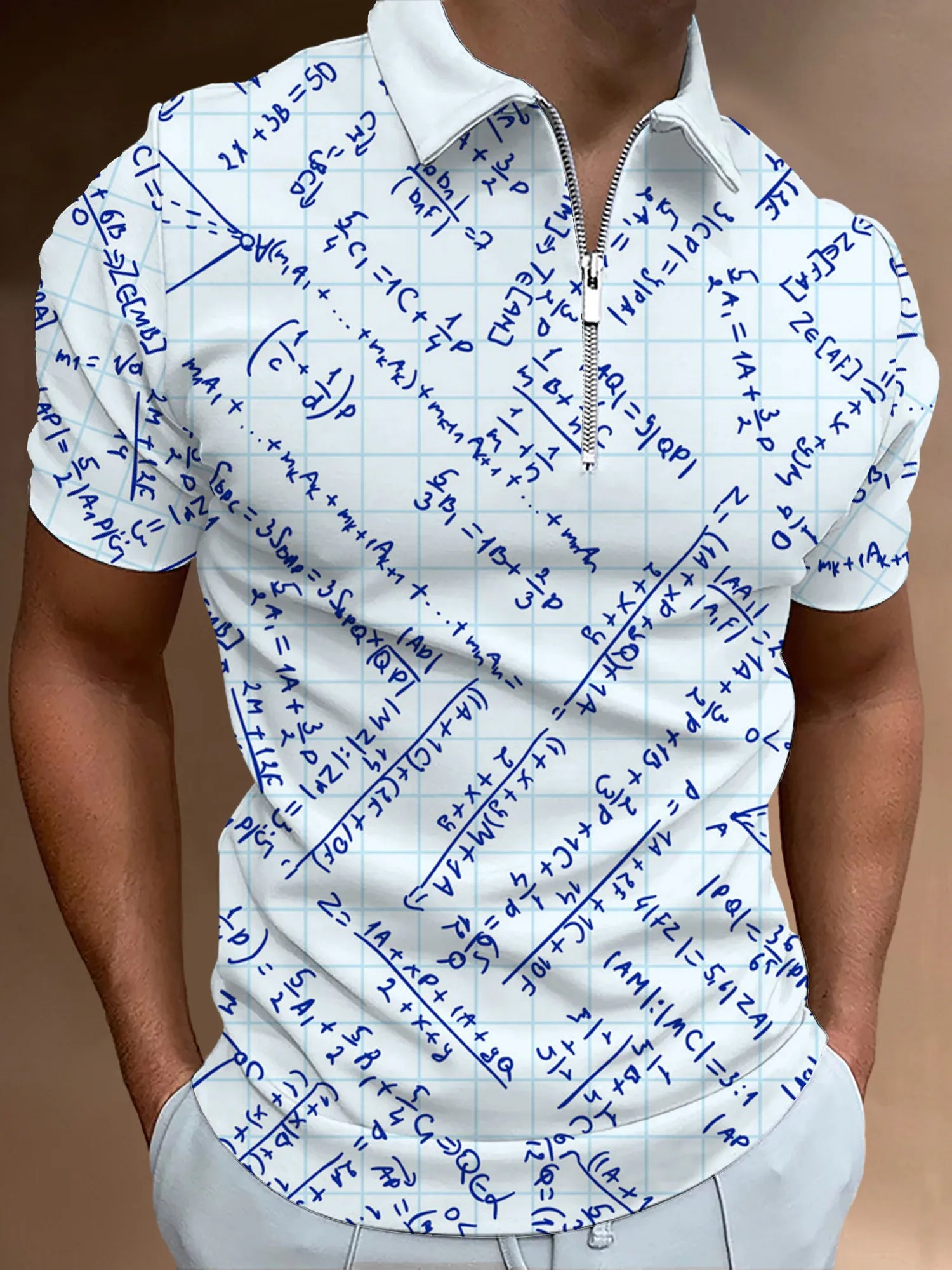 Camisa Gola Polo Com Zíper Estampa Matemática Moda Versátil