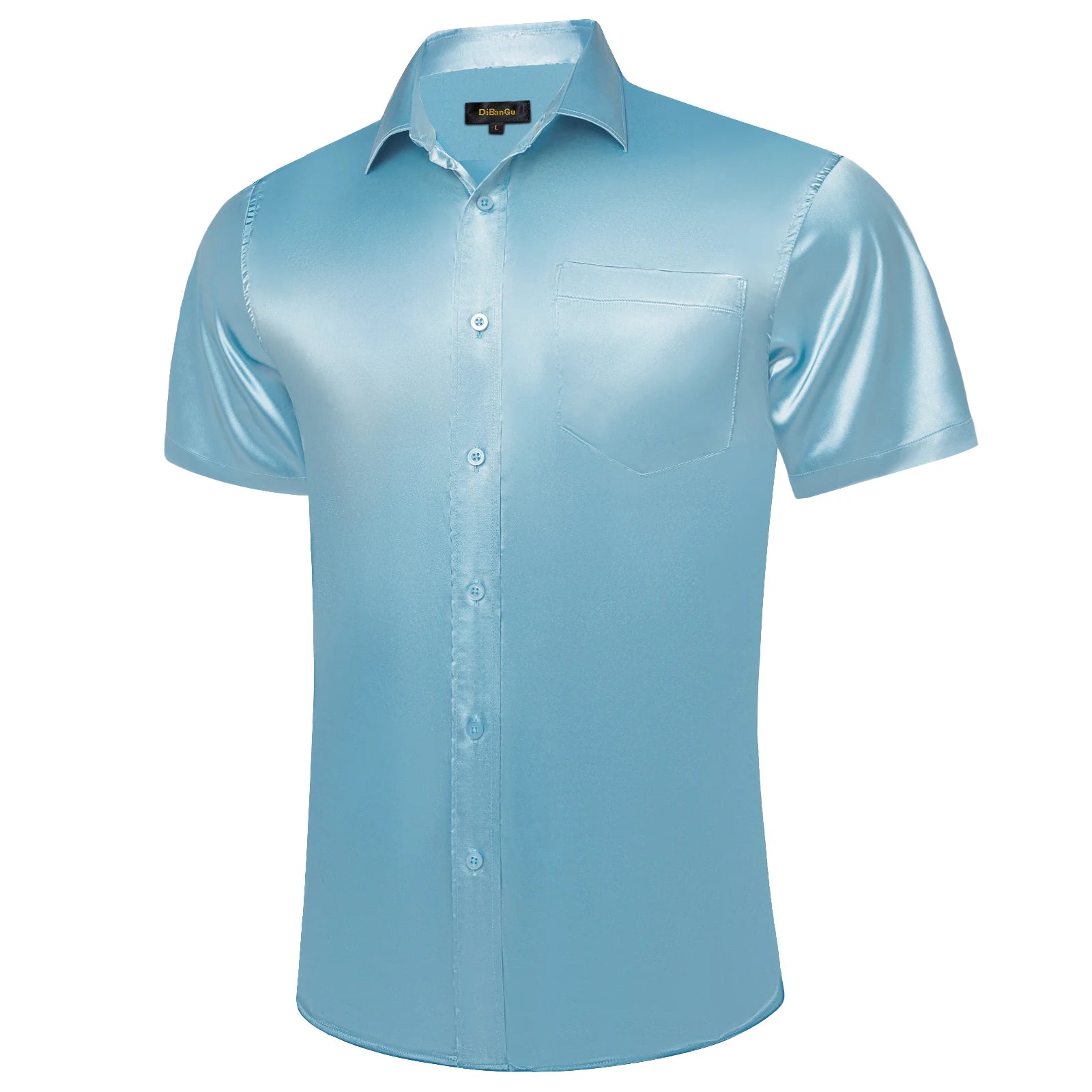 Camisa Masculina de Cetim Sólido Manga Curta Gola Polo Com Botões