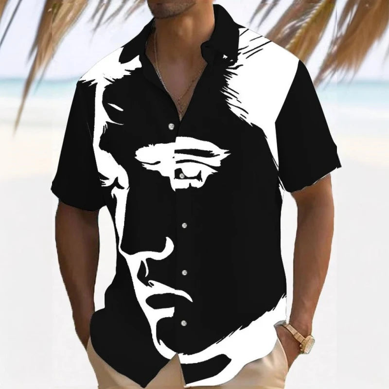 Camisa Masculina de Manga Curta Estampa Facial Camisa Solta Com Lapela Moda Verão