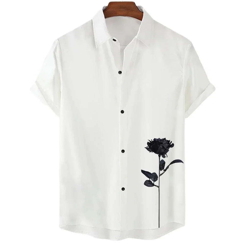 Camisa Masculina Social De Manga Curta Estampa Flor 3D Material De Alta Qualidade