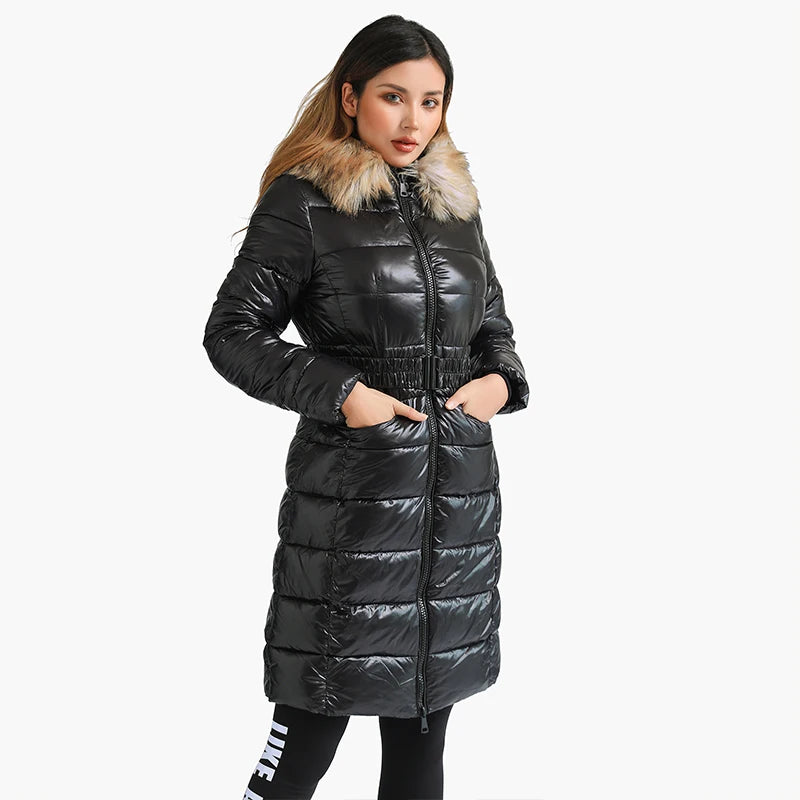 Casaco Feminino Puffer Acinturado Com Capuz Felpudo - REF102