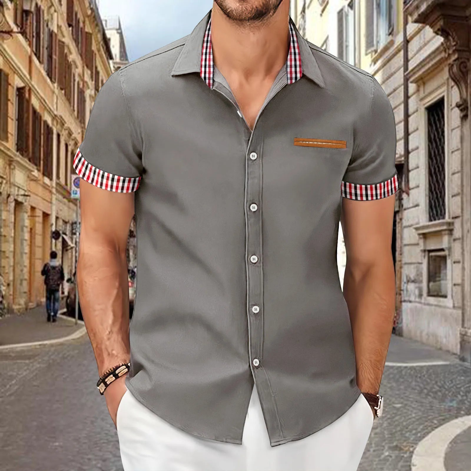 Camisa Masculina Casual Com Bolsos e Botões Detalhes Xadrez Moda Verão Elegante