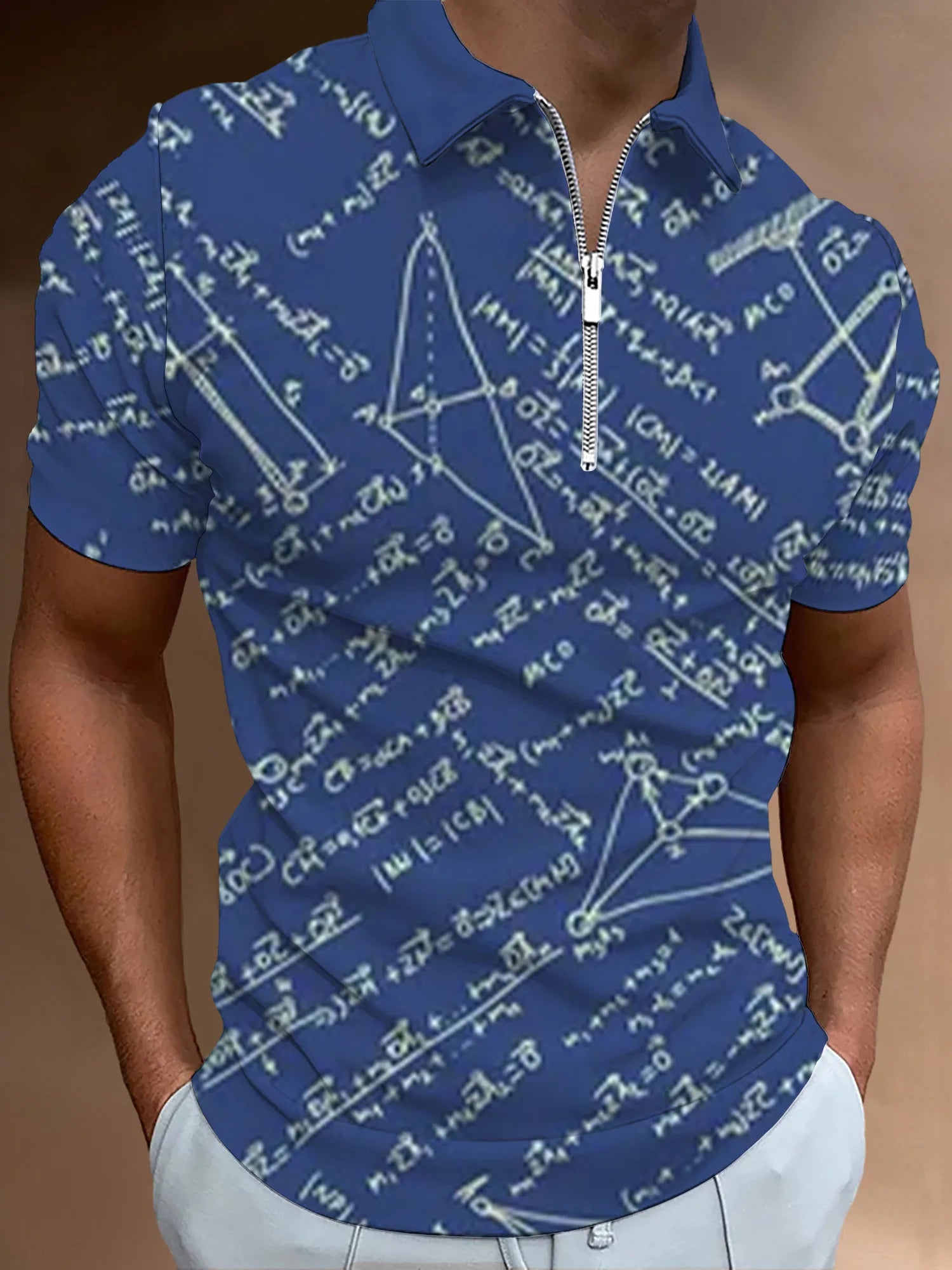 Camisa Gola Polo Com Zíper Estampa Matemática Moda Versátil