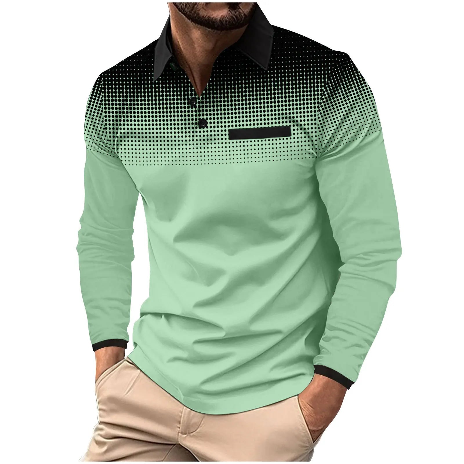 Camisa Gola Polo Masculina Estampada Com Bolsos E Manga Comprida Moda Casual