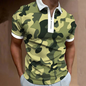 Camisa Gola Polo Masculina Estampa Camuflada Com Zíper Tendência