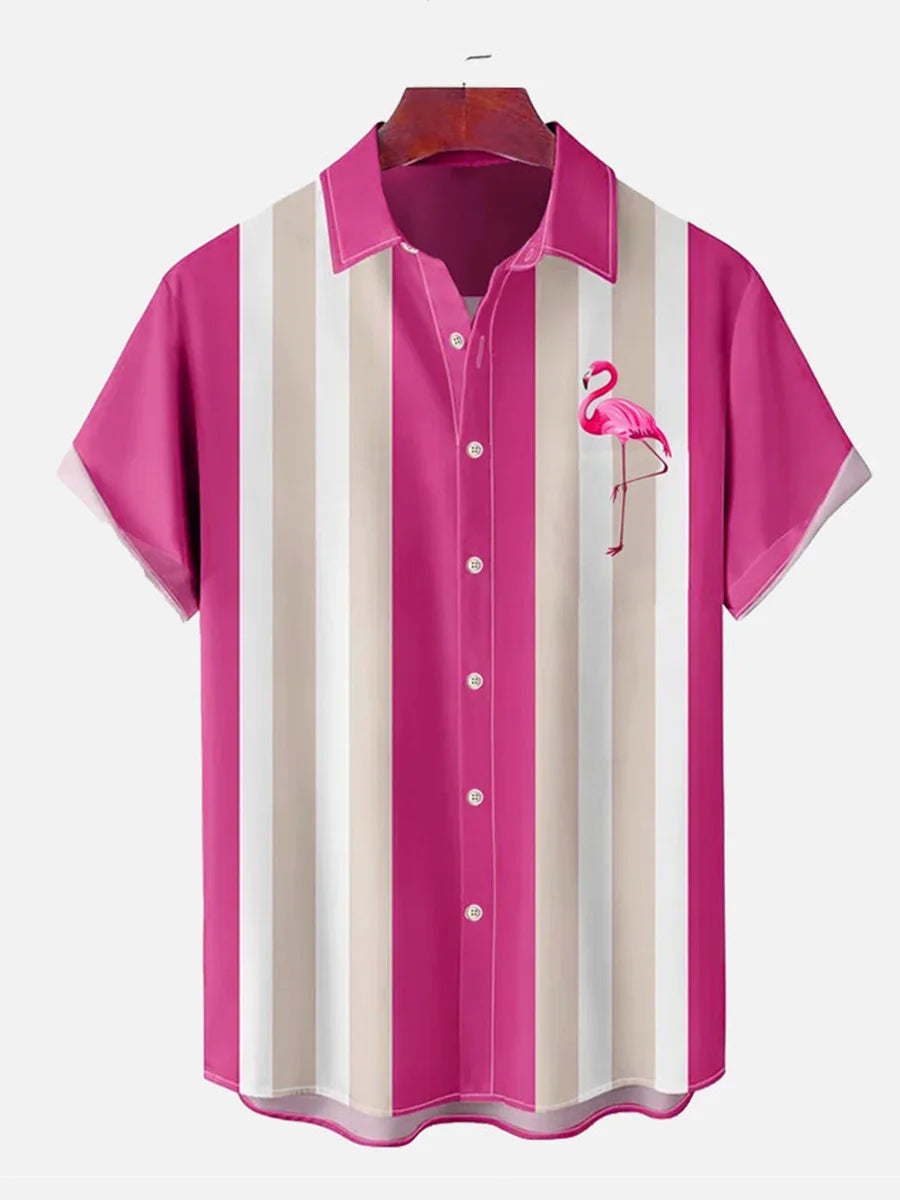 Camisa Masculina Moda Casual Com Listras E Estampa Flamingo Camisa Havaiana Respirável