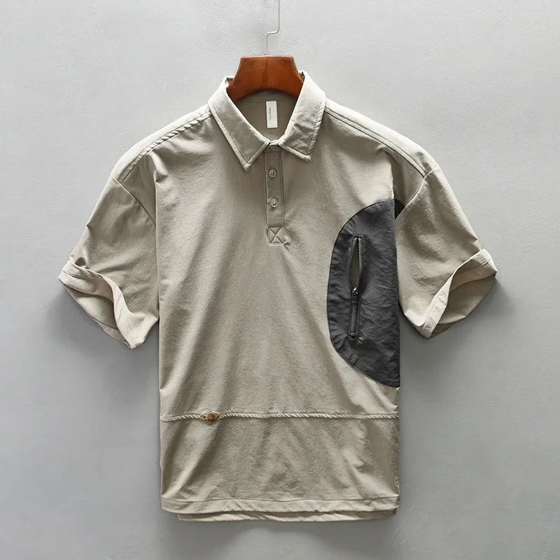 Camisa Masculina Gola Polo Com Bolso Versátil Na Lateral Moda Vintage