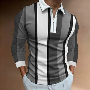 Camisa Gola Polo Masculina Com Zíper Estampa Listrada Camisa de Manga Comprida