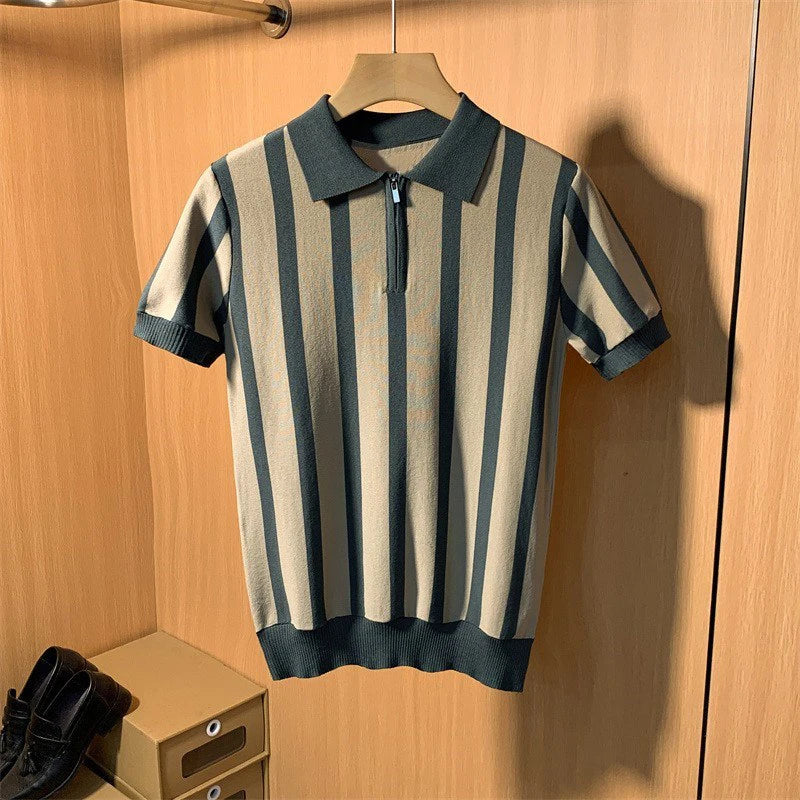 Camisa gola Polo De Malha Listrada Com Zíper Moda Masculina Verão