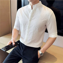 Camisa Masculina Gola Alta Estilo Chinês Camisa Social De Botões E Mangas Curtas