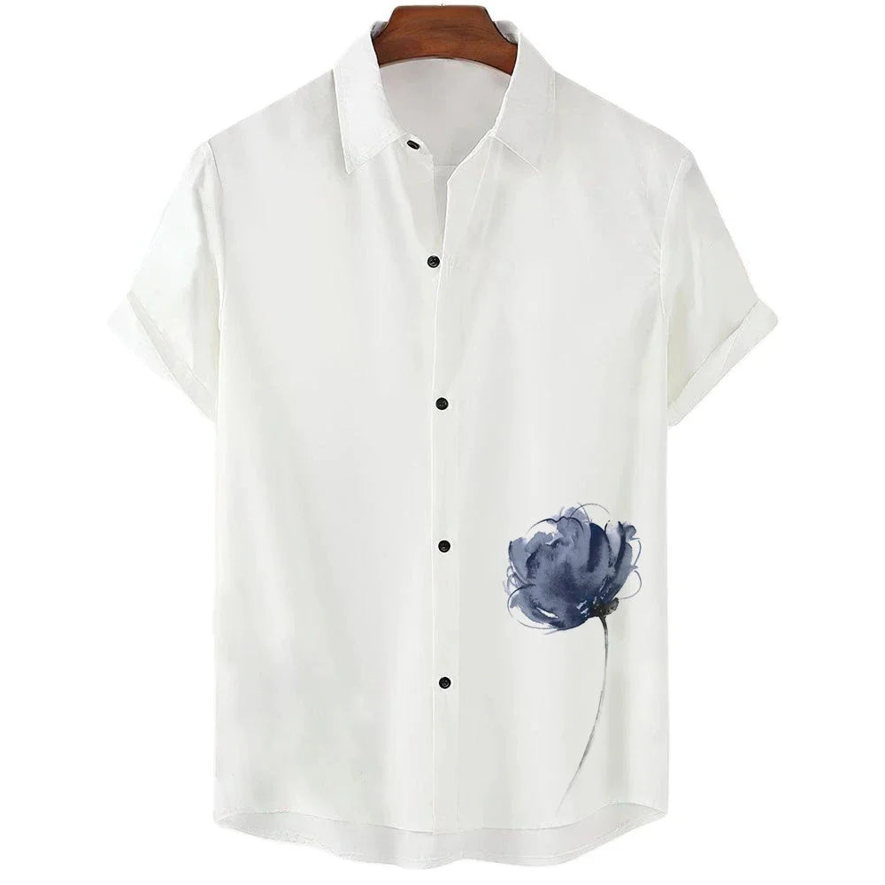 Camisa Masculina Social De Manga Curta Estampa Flor 3D Material De Alta Qualidade