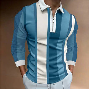 Camisa Gola Polo Masculina Com Zíper Estampa Listrada Camisa de Manga Comprida