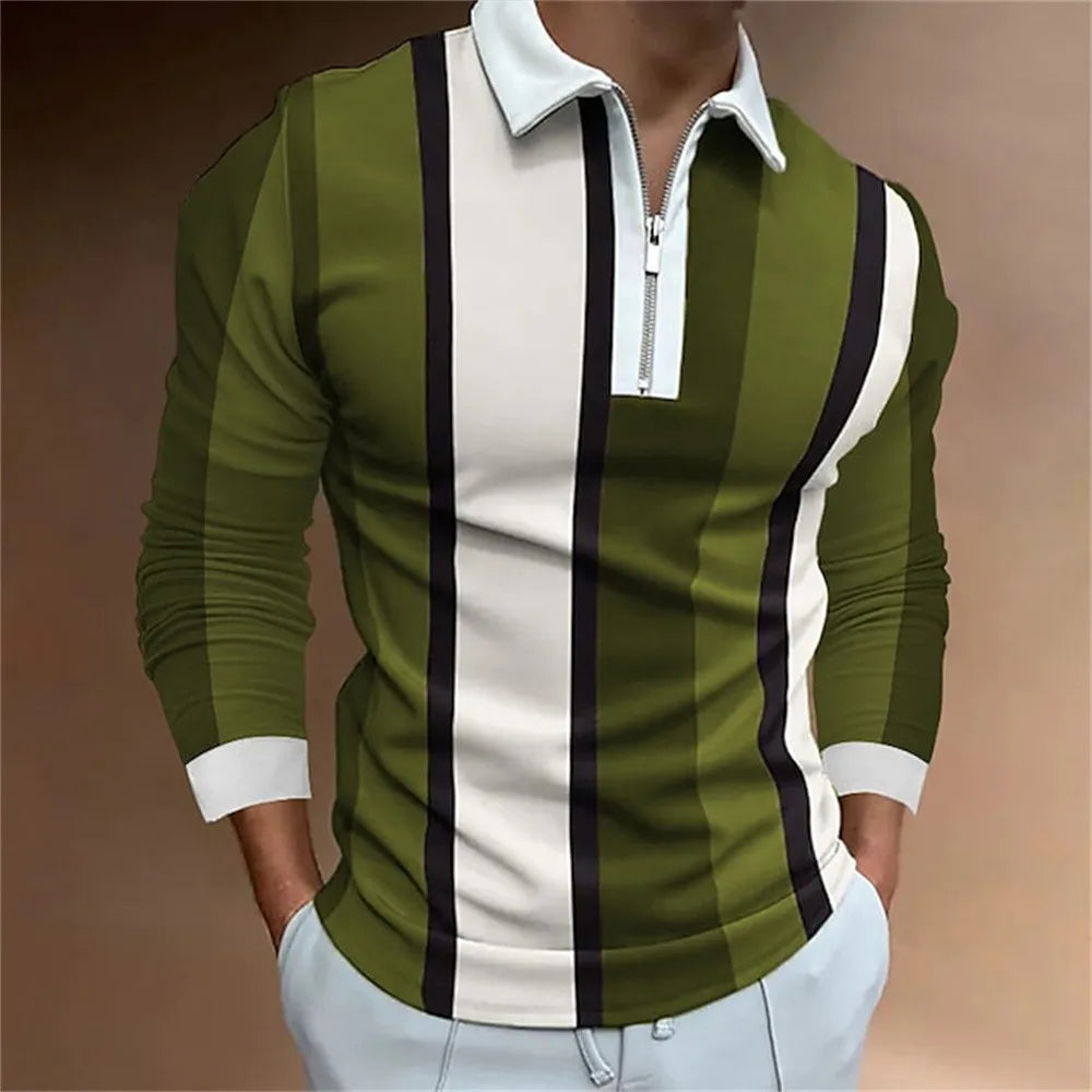 Camisa Gola Polo Masculina Com Zíper Estampa Listrada Camisa de Manga Comprida