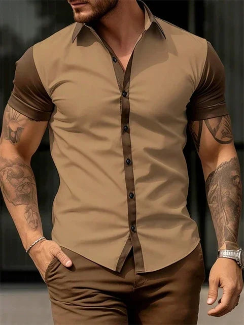 Camisa Masculina Manga Curta Monocromática Com Lapela e Botões