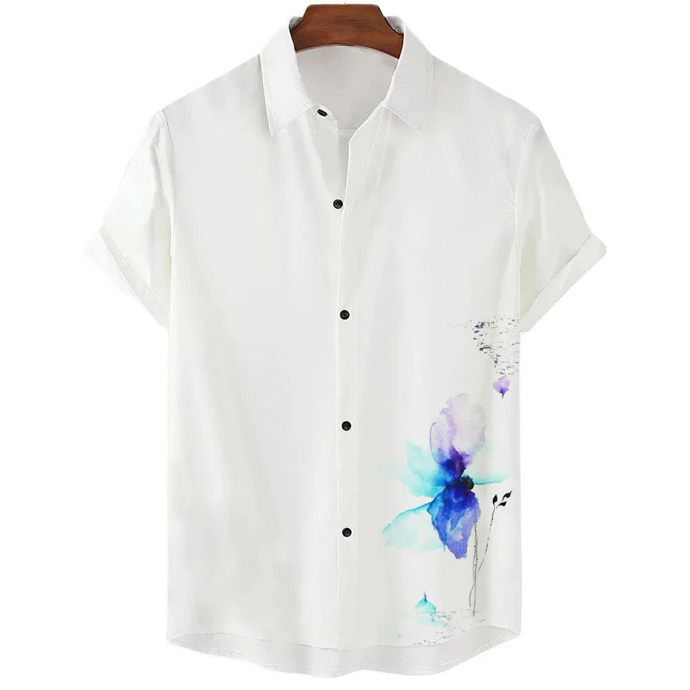 Camisa Masculina Social De Manga Curta Estampa Flor 3D Material De Alta Qualidade