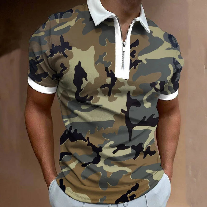 Camisa Gola Polo Masculina Estampa Camuflada Com Zíper Tendência