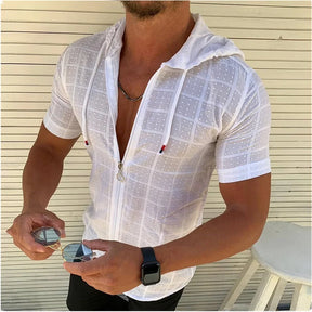 Camisa Masculina Casual Manga Curta Com Zíper E Capuz Ajustável