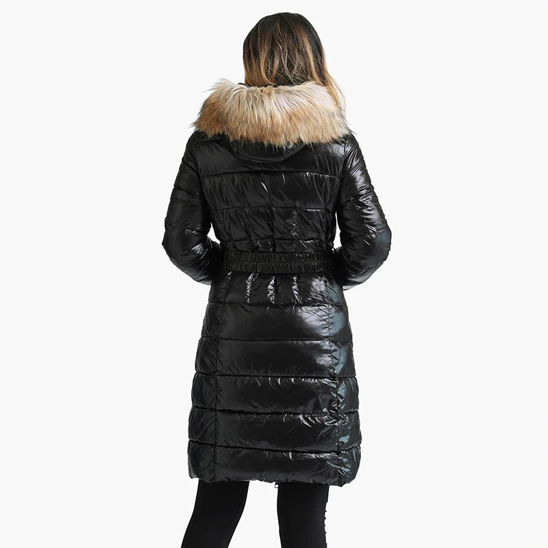 Casaco Feminino Puffer Acinturado Com Capuz Felpudo - REF102