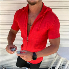 Camisa Masculina Casual Manga Curta Com Zíper E Capuz Ajustável