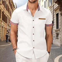 Camisa Masculina Casual Com Bolsos e Botões Detalhes Xadrez Moda Verão Elegante