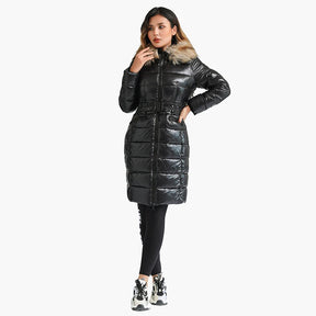 Casaco Feminino Puffer Acinturado Com Capuz Felpudo - REF102