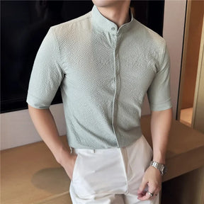 Camisa Masculina Gola Alta Estilo Chinês Camisa Social De Botões E Mangas Curtas