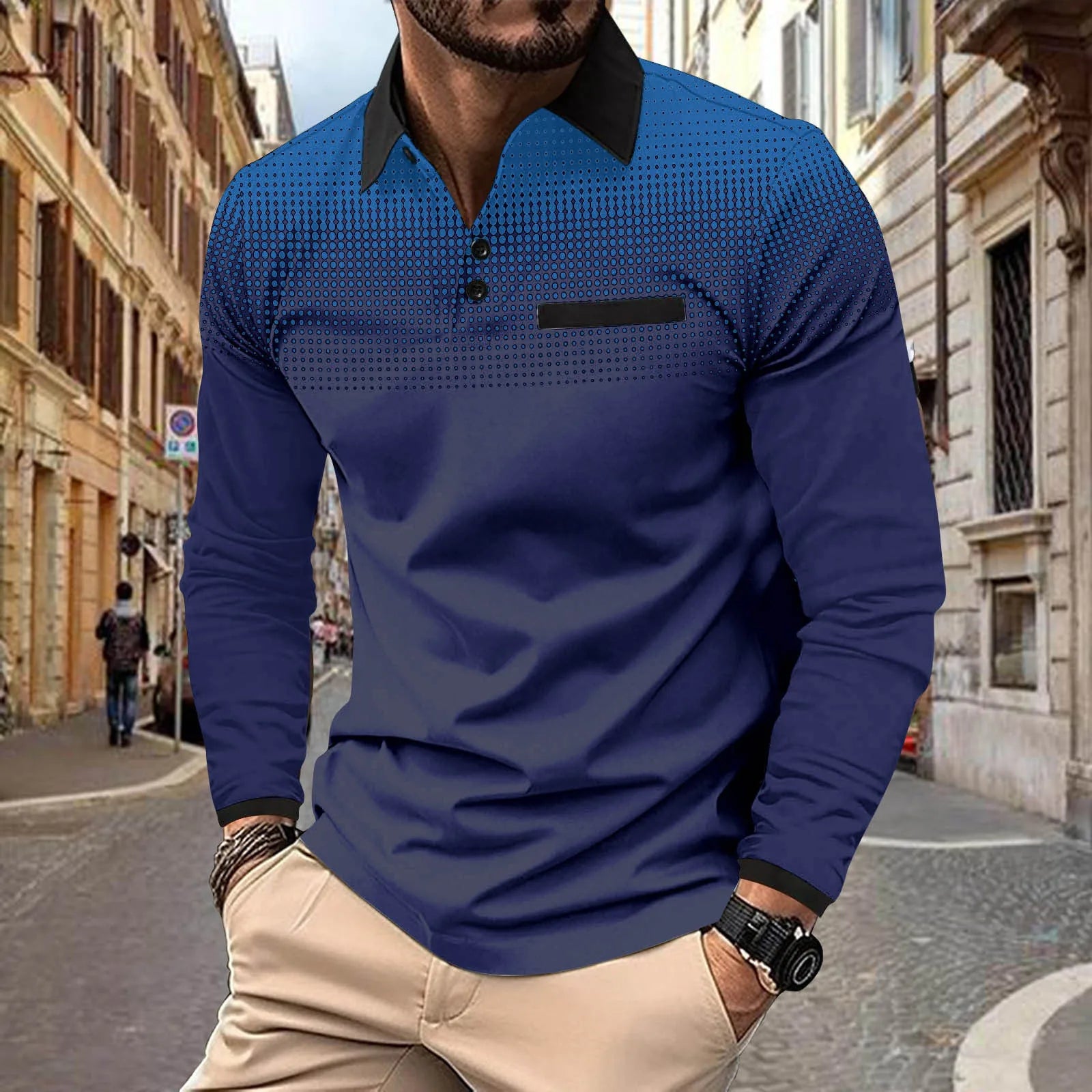 Camisa Gola Polo Masculina Estampada Com Bolsos E Manga Comprida Moda Casual