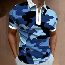 Camisa Gola Polo Masculina Estampa Camuflada Com Zíper Tendência