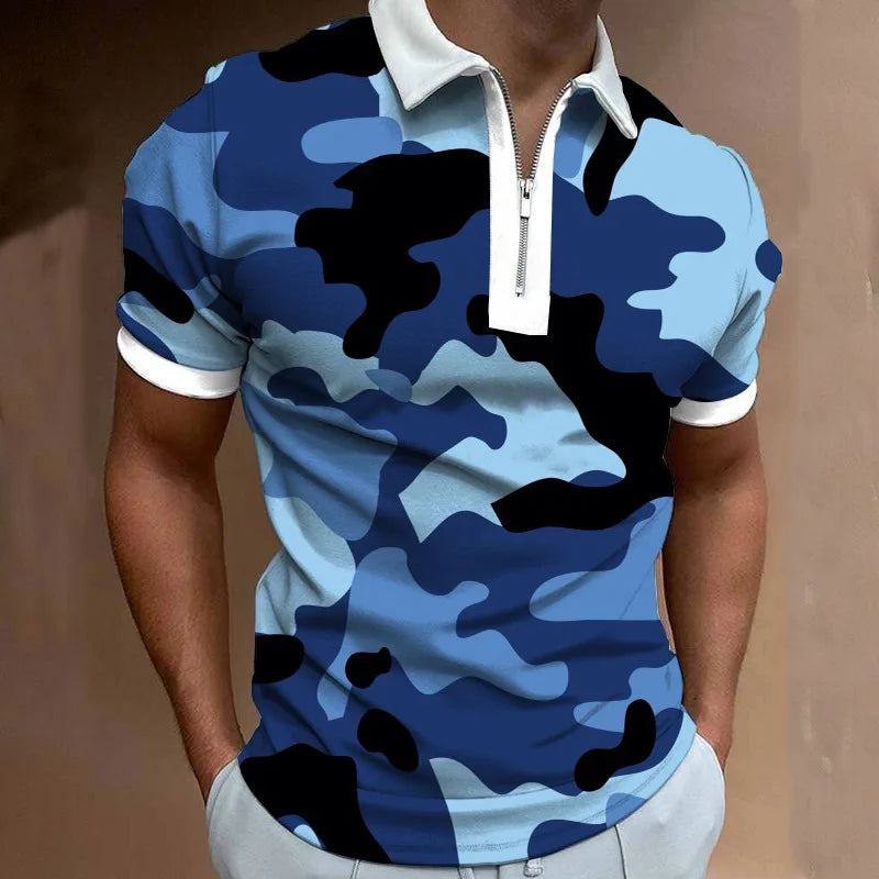 Camisa Gola Polo Masculina Estampa Camuflada Com Zíper Tendência