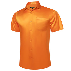 Camisa Masculina de Cetim Sólido Manga Curta Gola Polo Com Botões