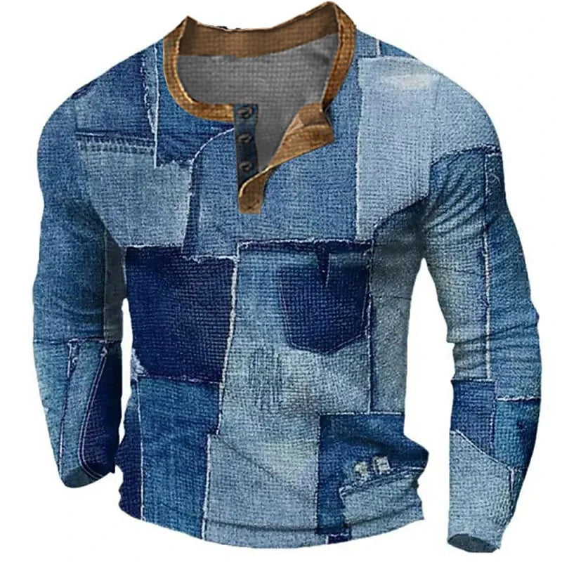 Camisa Masculina Casual Estampa De Retalhos Jeans Tendência