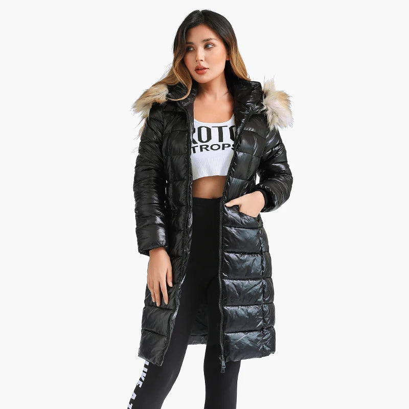 Casaco Feminino Puffer Acinturado Com Capuz Felpudo - REF102