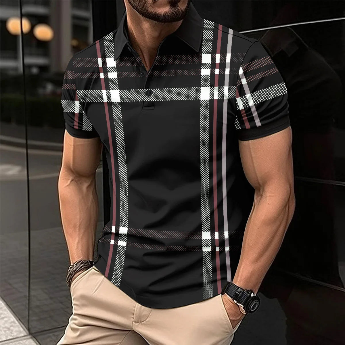 Camisa Gola polo Masculina Estampa Xadrez Com Botões Camisa Confortável