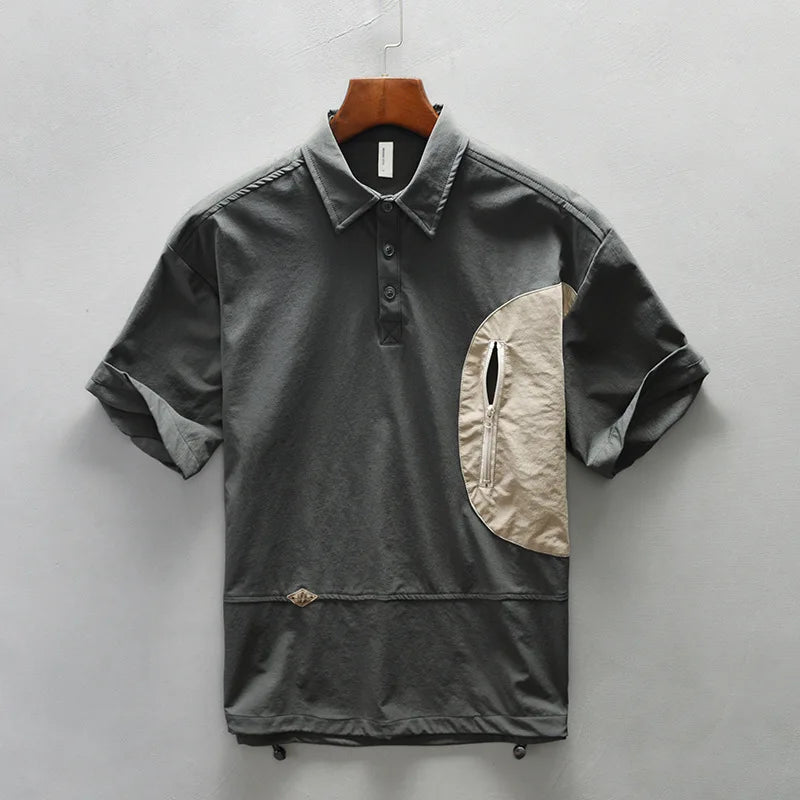 Camisa Masculina Gola Polo Com Bolso Versátil Na Lateral Moda Vintage