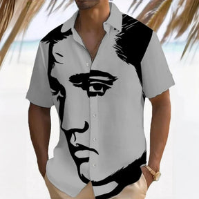 Camisa Masculina de Manga Curta Estampa Facial Camisa Solta Com Lapela Moda Verão