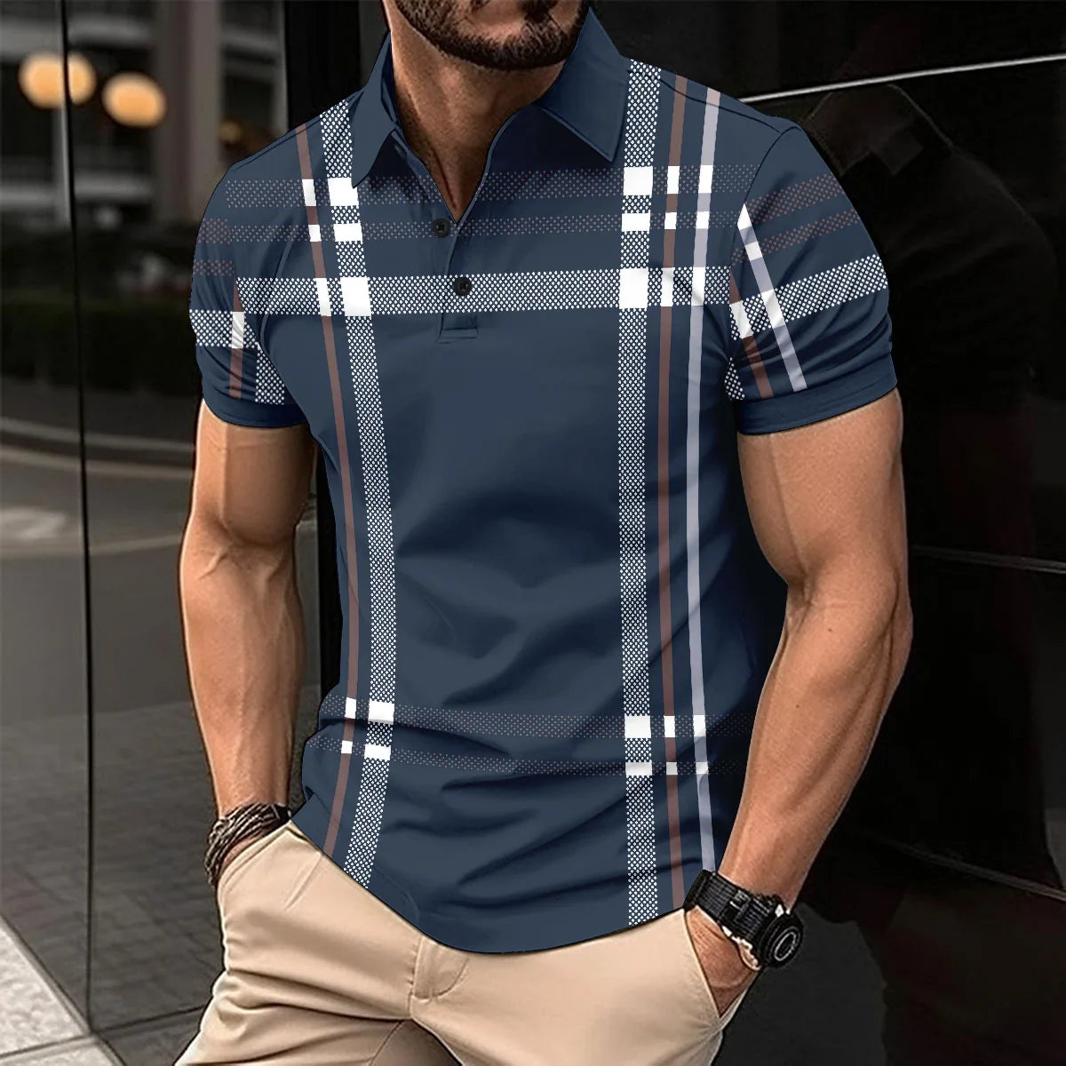 Camisa Gola polo Masculina Estampa Xadrez Com Botões Camisa Confortável