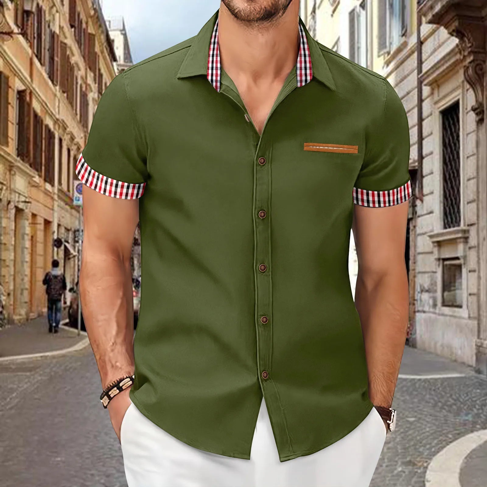 Camisa Masculina Casual Com Bolsos e Botões Detalhes Xadrez Moda Verão Elegante