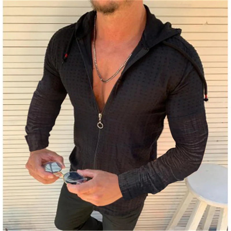 Camisa Social Masculina com Capuz Ajustável Estampa Quadriculada Monocromática