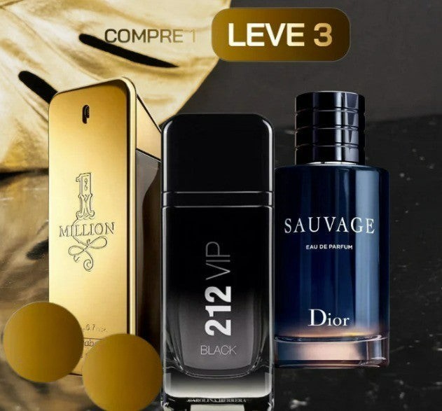 KIT 3 Perfumes Masculinos Importados (100 ml cada) - 212 Vip Black | Sauvage Dior | One Milion - Loja Virtuabr