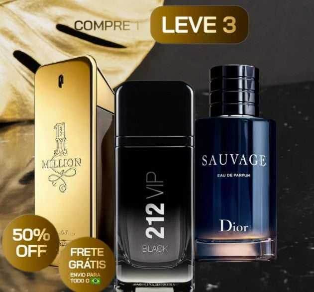 KIT 3 Perfumes Masculinos Importados (100 ml cada) - 212 Vip Black | Sauvage Dior | One Milion - Loja Virtuabr