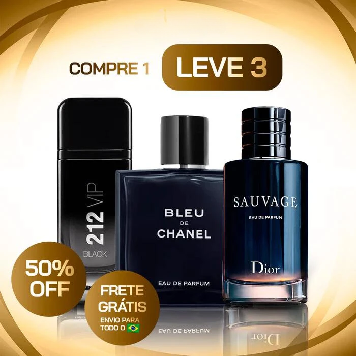 KIT 3 Perfumes Masculinos Importados (100ml cada) - Sauvage Dior | Bleu de Chanel | 212 Vip Black - Loja Virtuabr